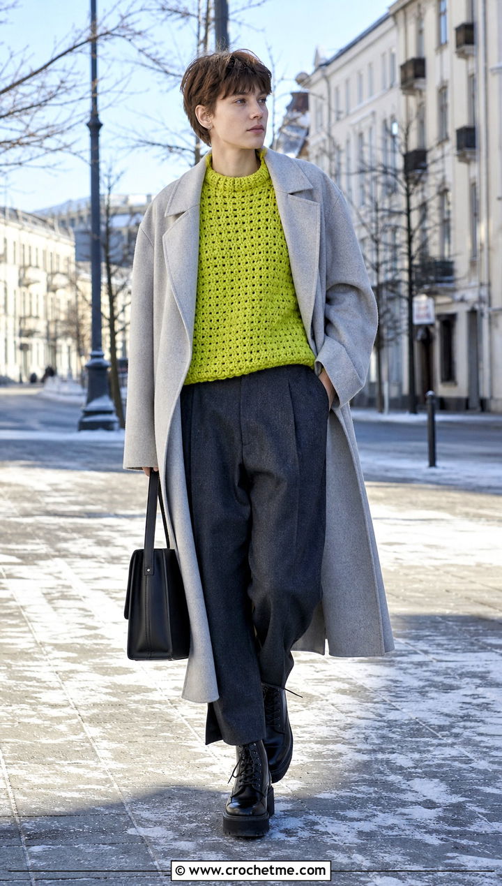 Chunky Crochet Sweater With Wool Trousers - 25 unisex crochet sweater outfit ideas