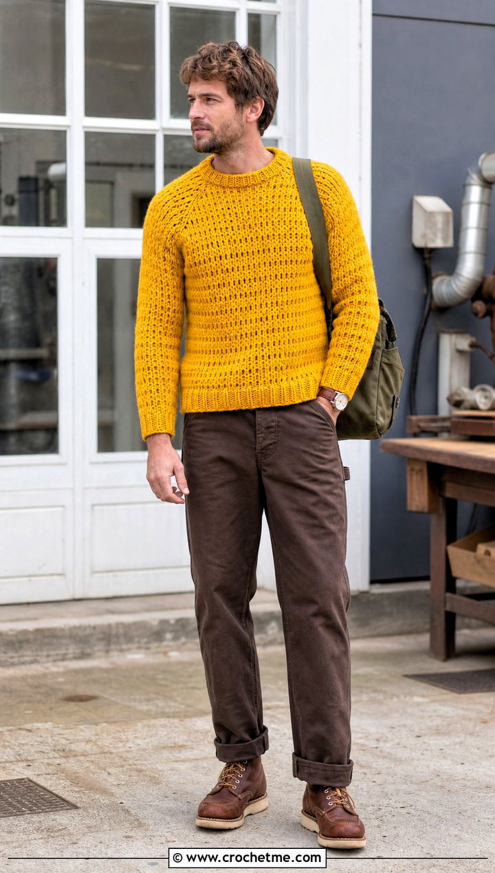 Chunky Crochet Sweater With Workwear Pants - 30 crochet sweater for man outfit ideas