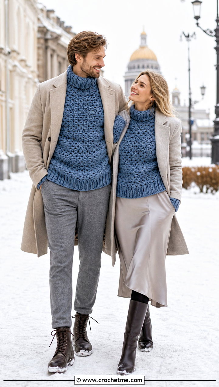 Chunky Crochet Sweaters With Winter Trousers - 30 couples crochet outfit ideas