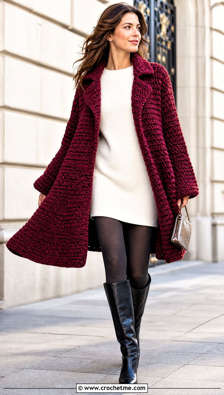 Chunky Crochet Swing Coat With Mini Dress - 25 Chunky Crochet Coat outfit ideas