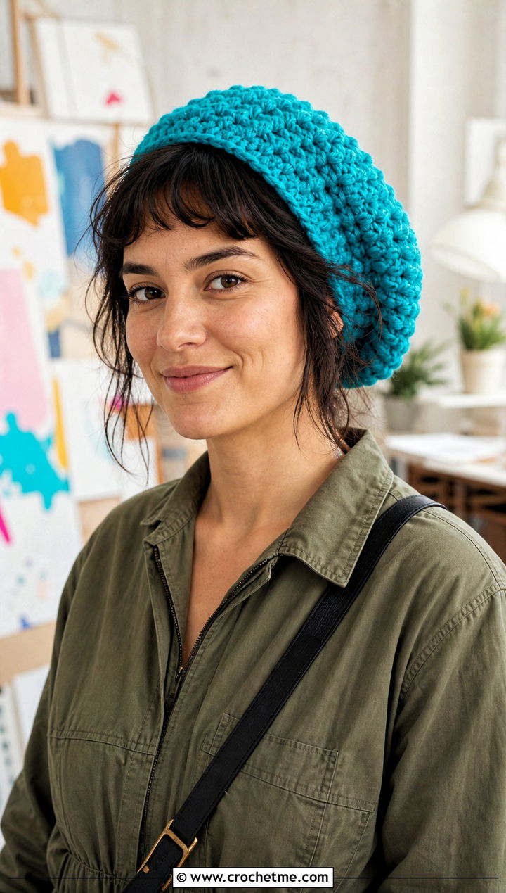 Chunky Crochet Tam Hat With Utility Jumpsuit - 30 chunky yarn crochet hat outfit ideas