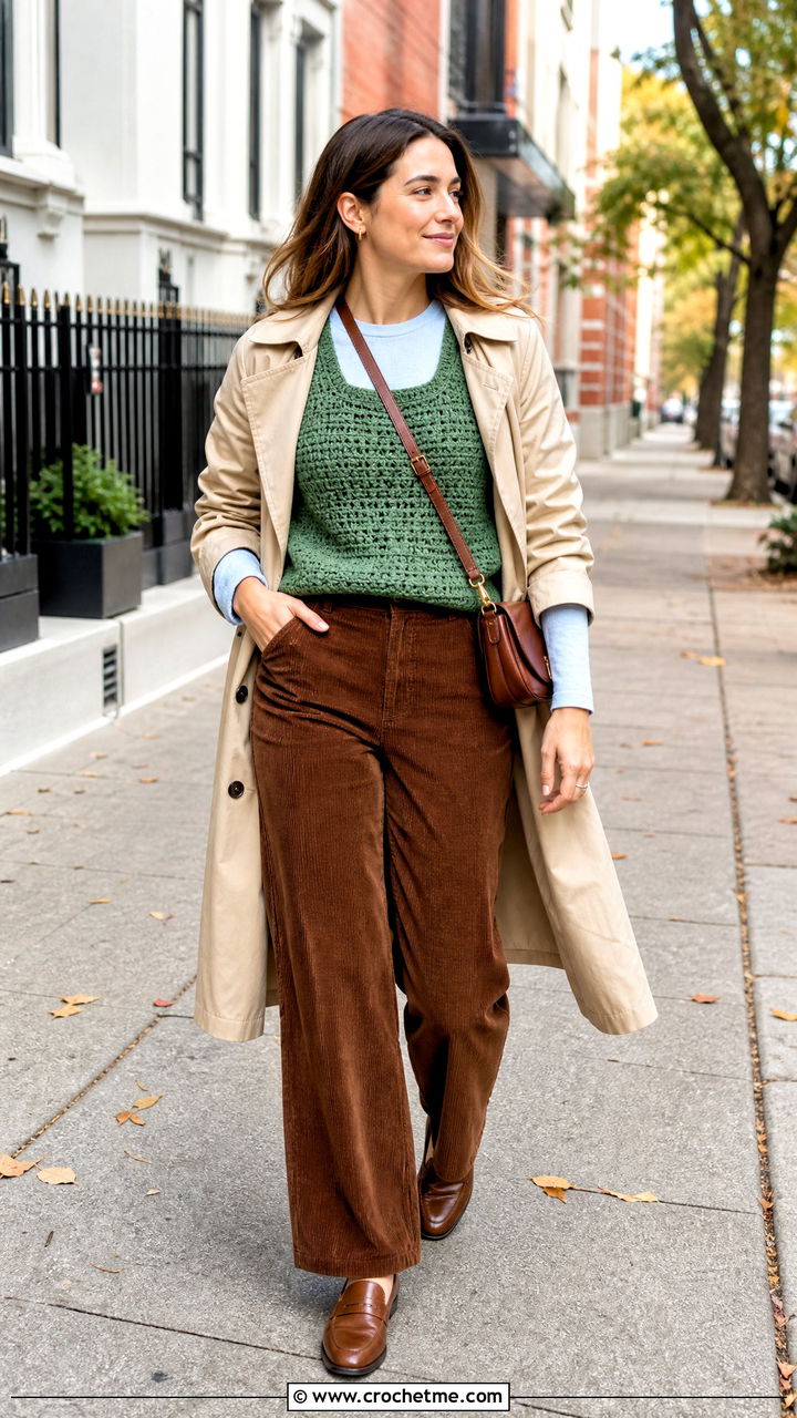 Chunky Crochet Tank Top With Corduroy Pants - 35 crochet tank top outfit ideas