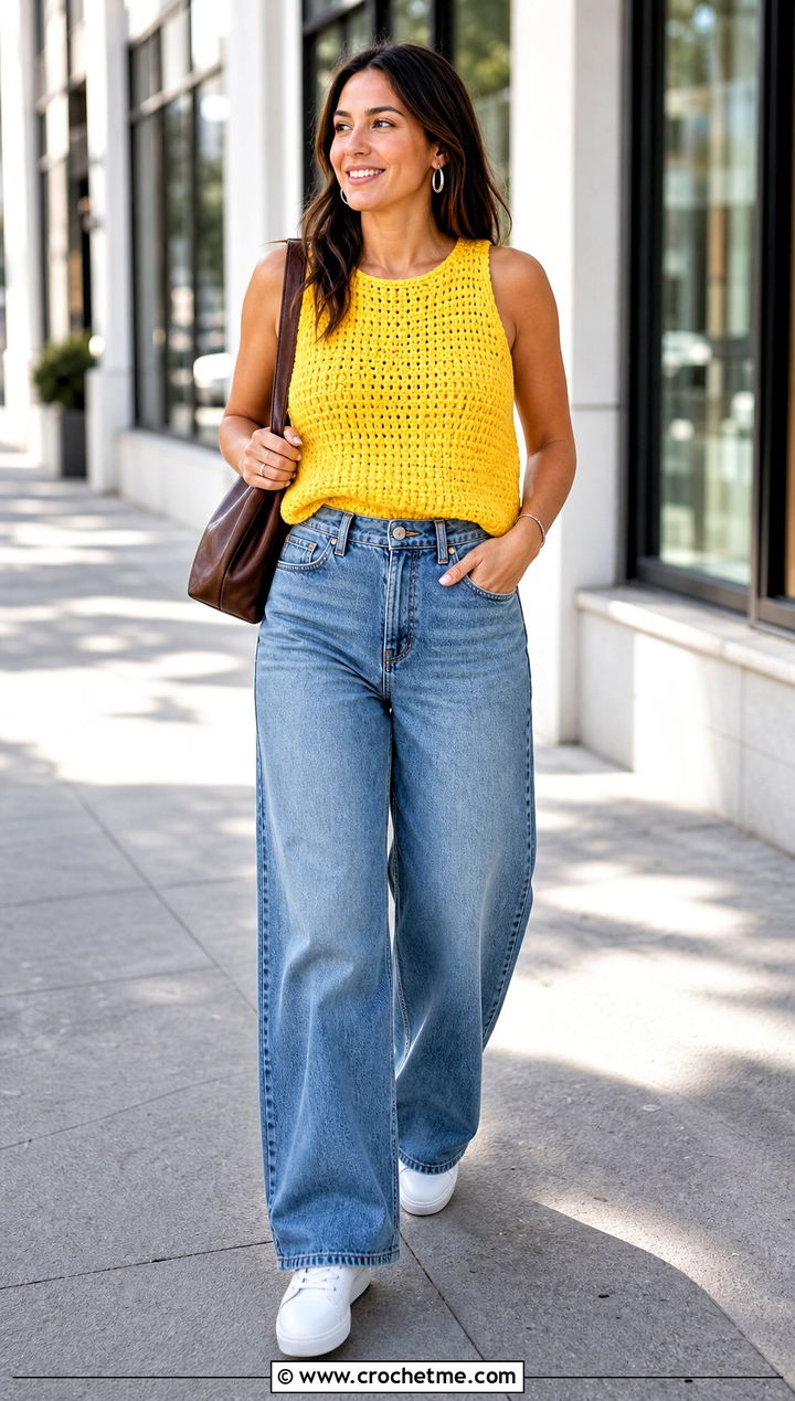Chunky Crochet Tank Top With Wide Leg Jeans - 15 Chunky Crochet Top outfit ideas