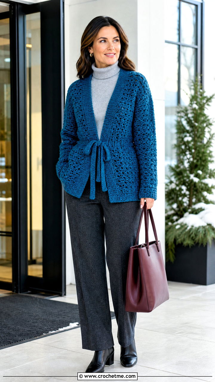 Chunky Crochet Tie Cardigan With Turtleneck And Wool Trousers - 35 crochet tie top outfit ideas