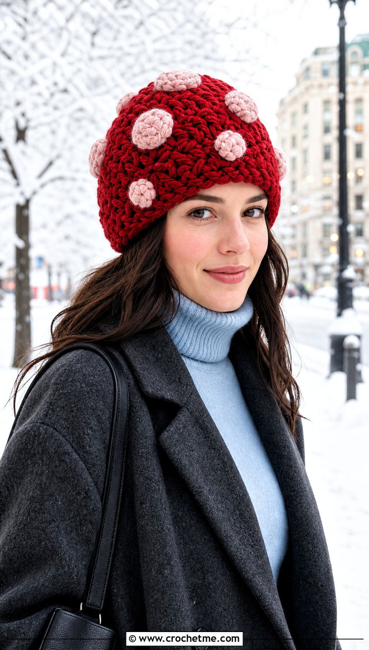 Chunky Crochet Toadstool Beanie With Wool Coat - 15 Crochet Toadstool Hat outfit ideas