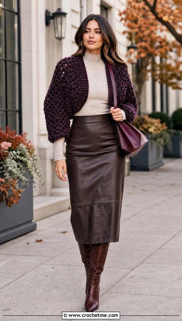 Chunky Crochet Top Shrug With Leather Midi Skirt - 30 crochet top shrug outfit ideas