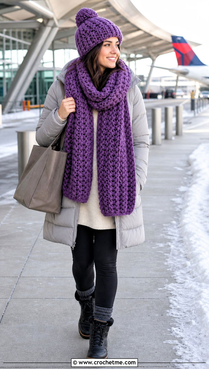 Chunky Crochet Toque And Blanket Scarf With Leggings And Coat - 35 crochet hat and scarf set outfit ideas
