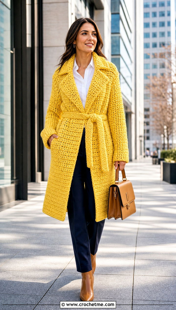 Chunky Crochet Trench Coat With Button Down Shirt - 25 Chunky Crochet Coat outfit ideas