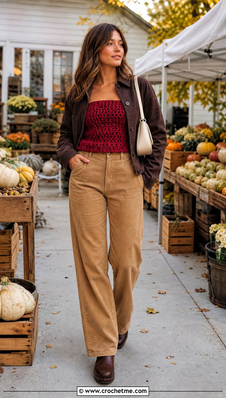 Chunky Crochet Tube Top With Corduroy Pants - 35 crochet tube tops outfit ideas