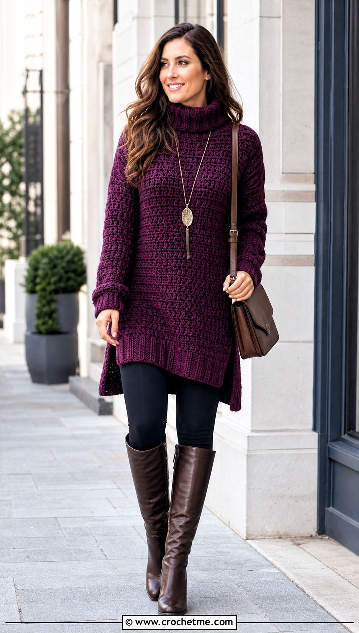 Chunky Crochet Tunic Sweater With Leggings And Knee High Boots - 25 chunky yarn crochet sweater outfit ideas