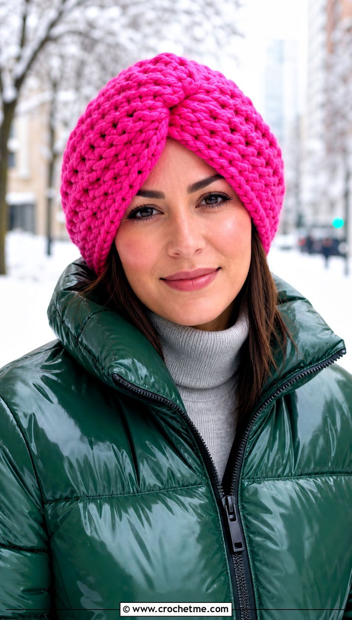 Chunky Crochet Turban Hat With Puffer Jacket And Leggings - 35 crochet turban hat outfit ideas