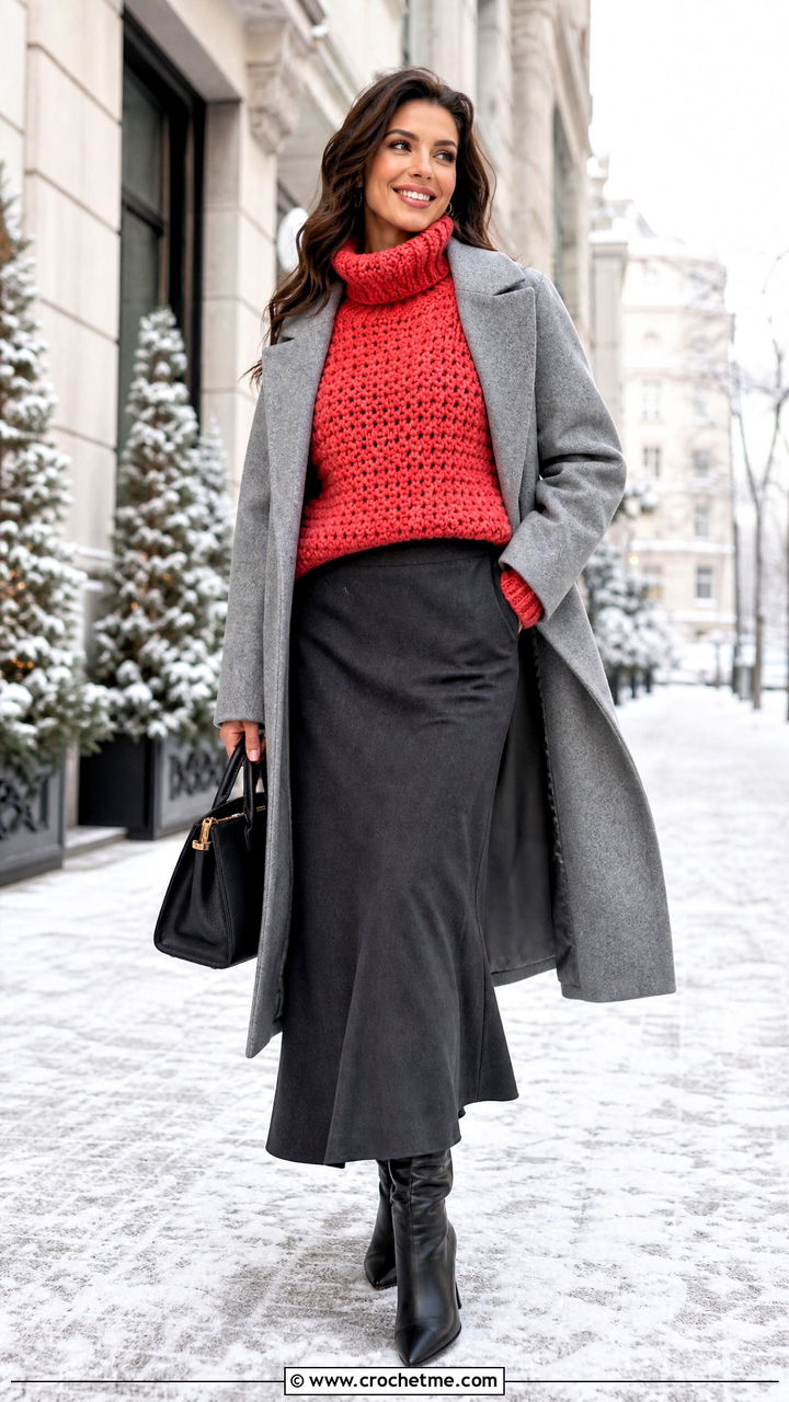Chunky Crochet Turtleneck Sweater With Maxi Skirt - 35 colorful crochet sweater outfit ideas
