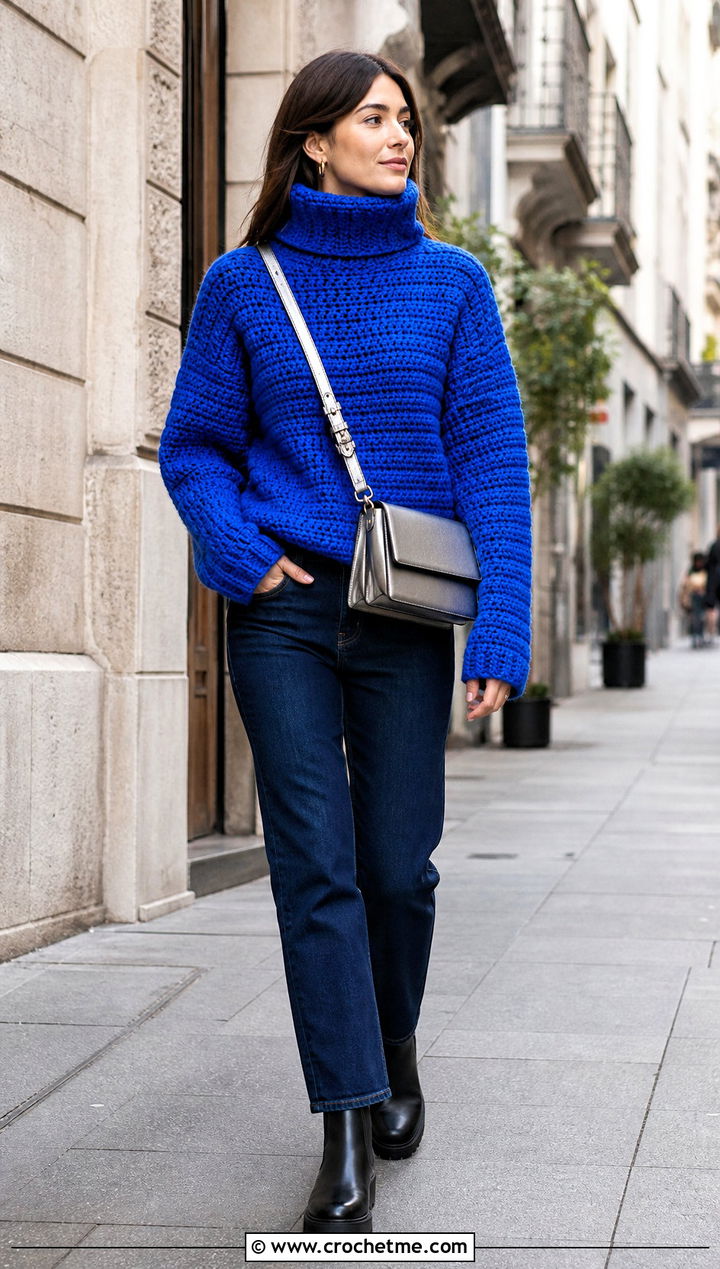 Chunky Crochet Turtleneck Sweater With Straight Jeans - 25 Winter Crochet Clothes and outfit ideas