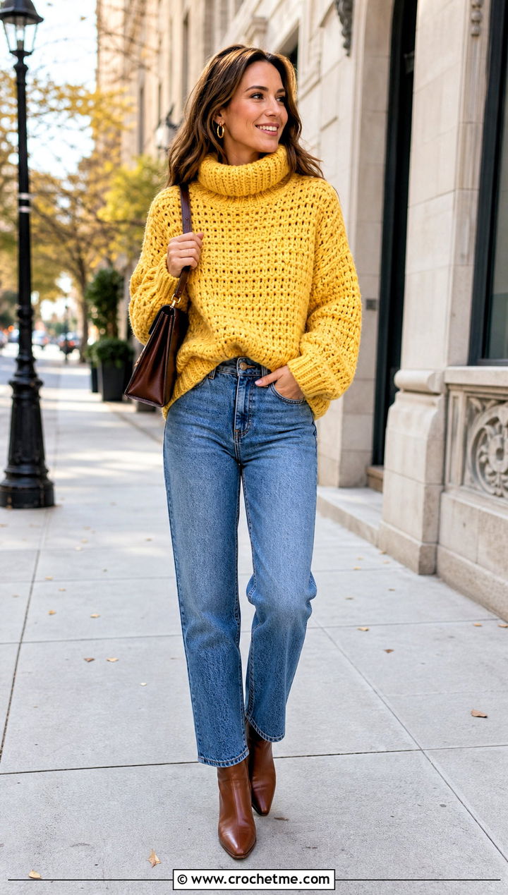 Chunky Crochet Turtleneck Sweater With Straight Leg Jeans - 30 crochet turtleneck sweater outfit ideas