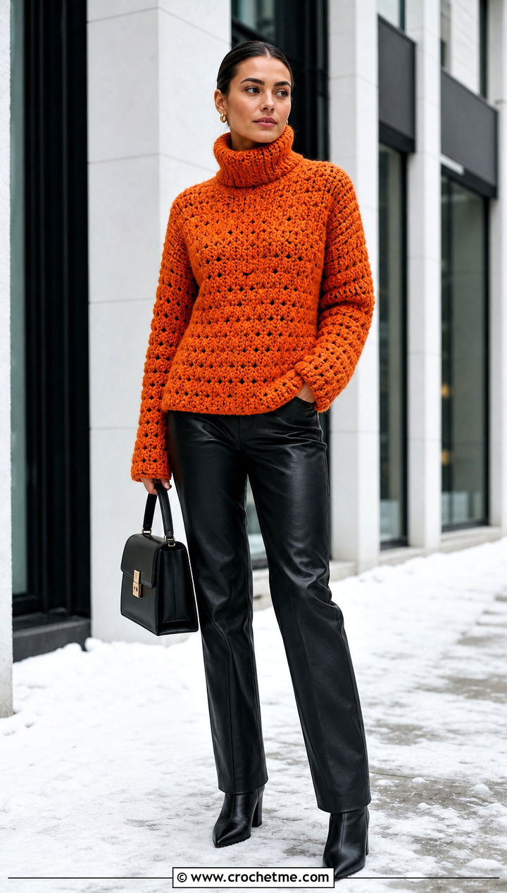 Chunky Crochet Turtleneck Top With Leather Pants - 30 crochet turtleneck top outfit ideas