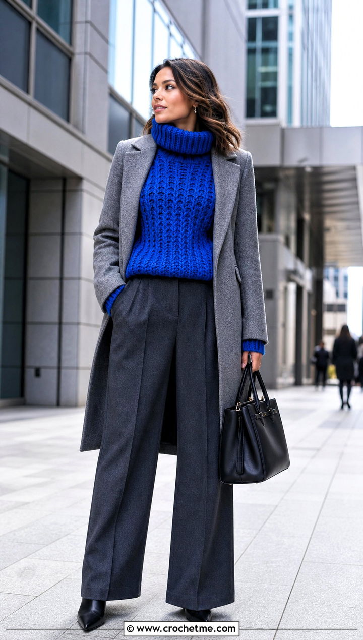 Chunky Crochet Turtleneck With Wide Leg Trousers - 35 Crochet Winter Outfits ideas