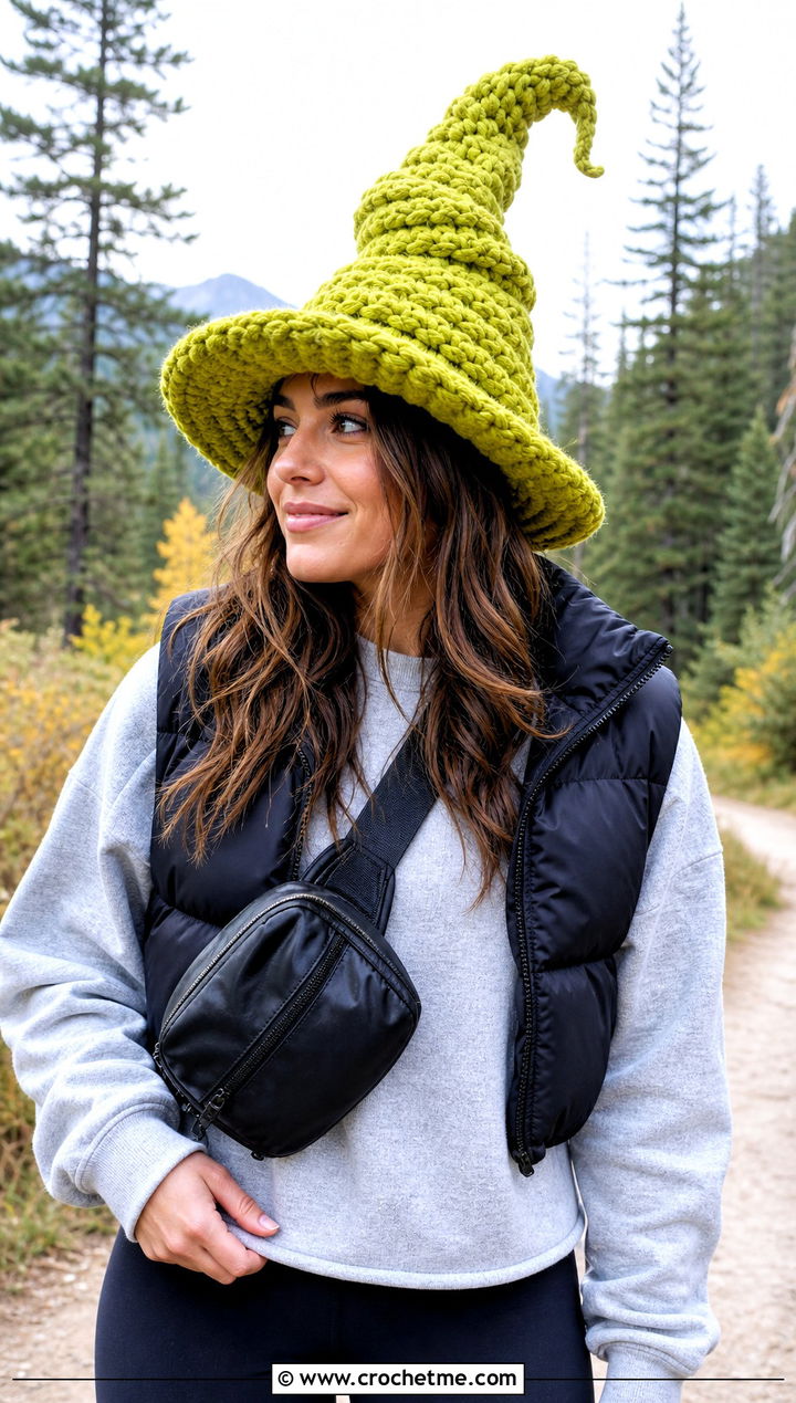 Chunky Crochet Twisted Witch Hat With Puffer Vest - 25 crochet twisted witch hat outfit ideas