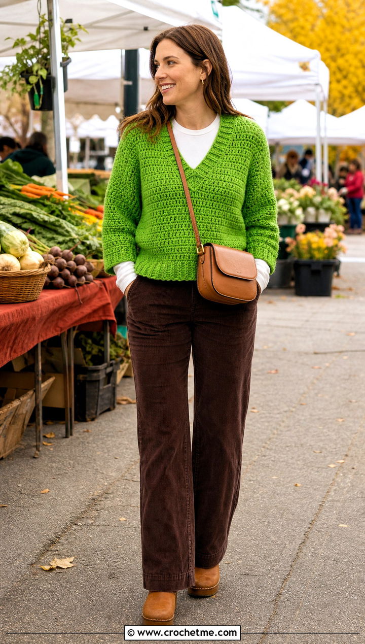 Chunky Crochet V Neck Sweater With Corduroy Pants - 25 Crochet Vneck Sweater outfit ideas