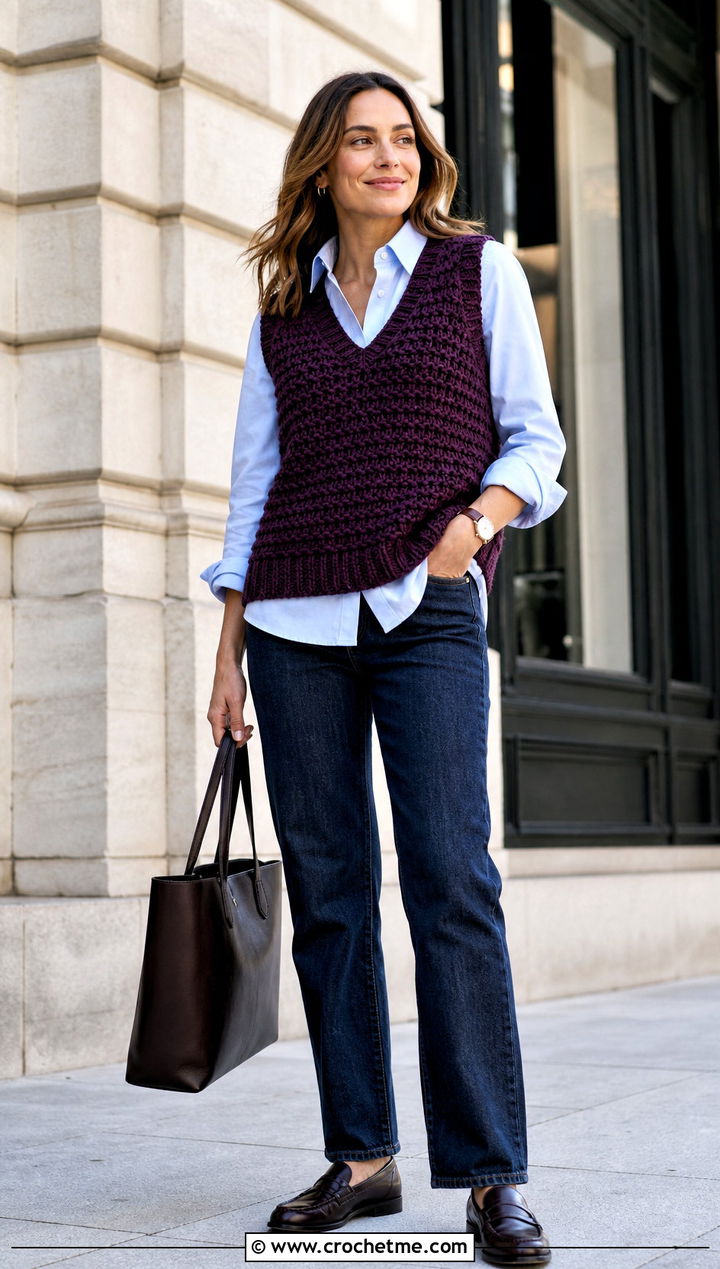 Chunky Crochet V Neck Tank Top With Poplin Shirt - 25 crochet v neck tank top outfit ideas
