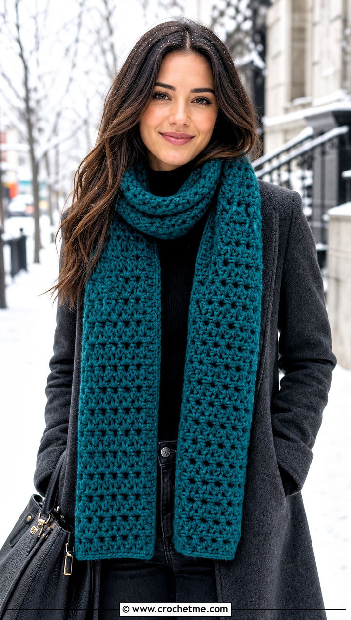 Chunky Crochet V Stitch Scarf With Wool Coat - 30 crochet v stitch scarf outfit ideas