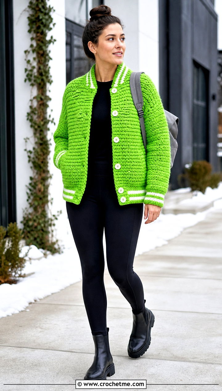 Chunky Crochet Varsity Jacket With Leggings - 35 crochet varsity jacket outfit ideas