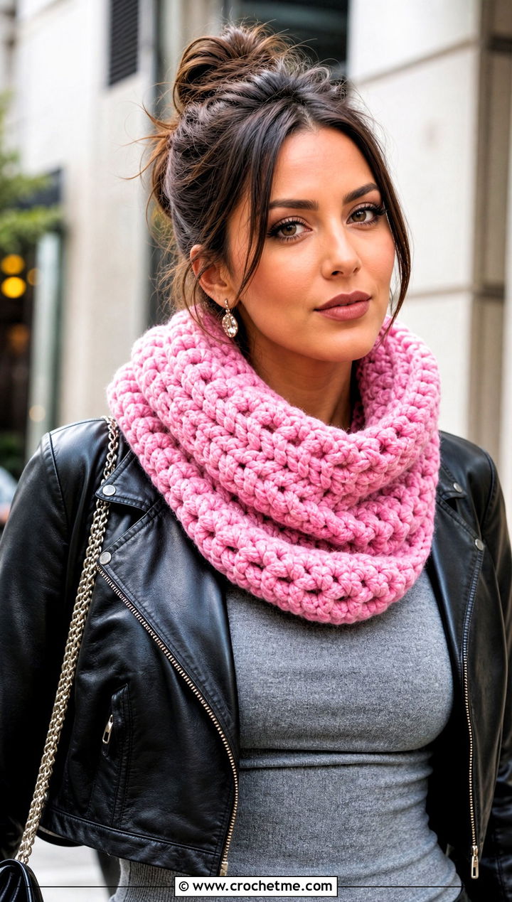 Chunky Crochet Velvet Cowl Scarf With Leather Jacket - 25 Crochet Velvet Scarf outfit ideas