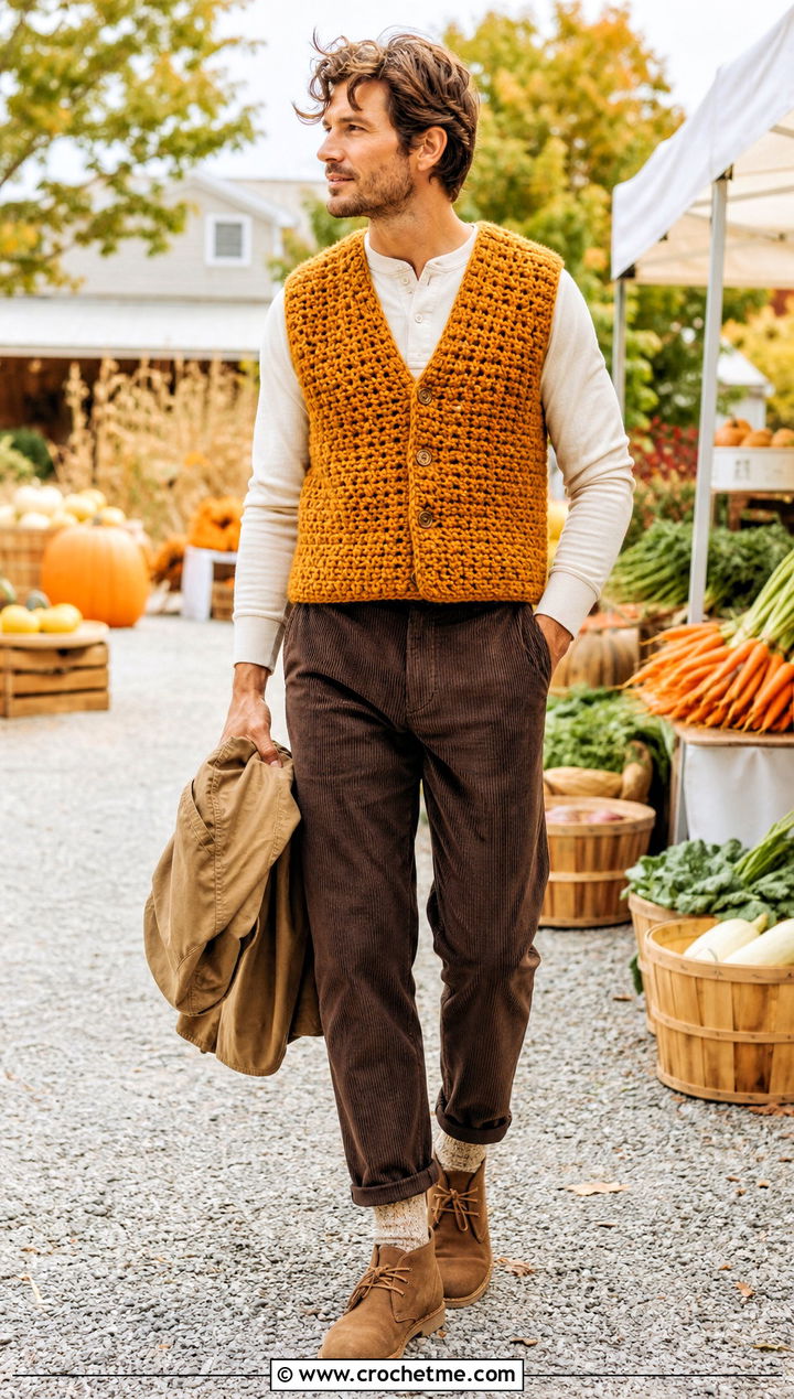 Chunky Crochet Vest With Corduroy Pants - 30 men's crochet vest outfit ideas