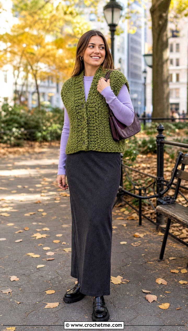 Chunky Crochet Vest With Maxi Skirt - 20 crochet vest outfit aesthetic outfit ideas