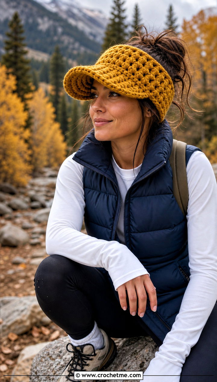Chunky Crochet Visor Beanie With Puffer Vest And Leggings - 30 crochet visor hat outfit ideas