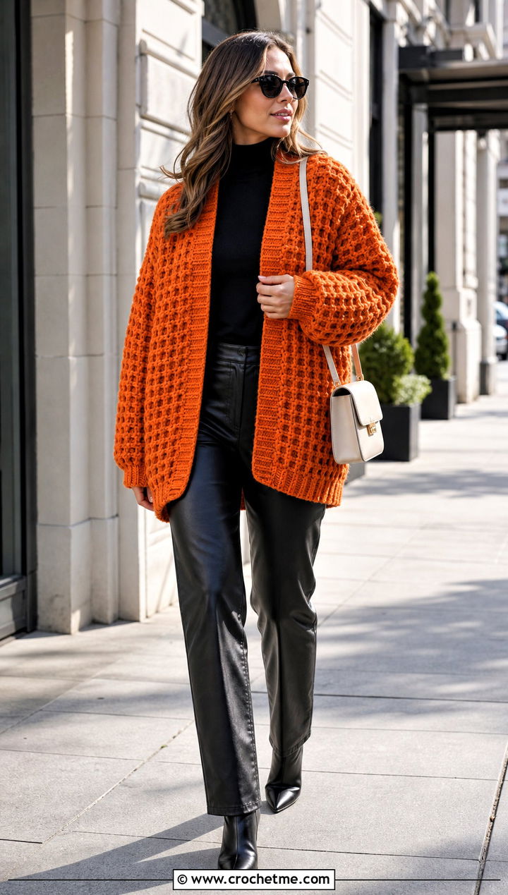 Chunky Crochet Waffle Stitch Cardigan With Leather Pants - 25 crochet waffle stitch cardigan outfit ideas