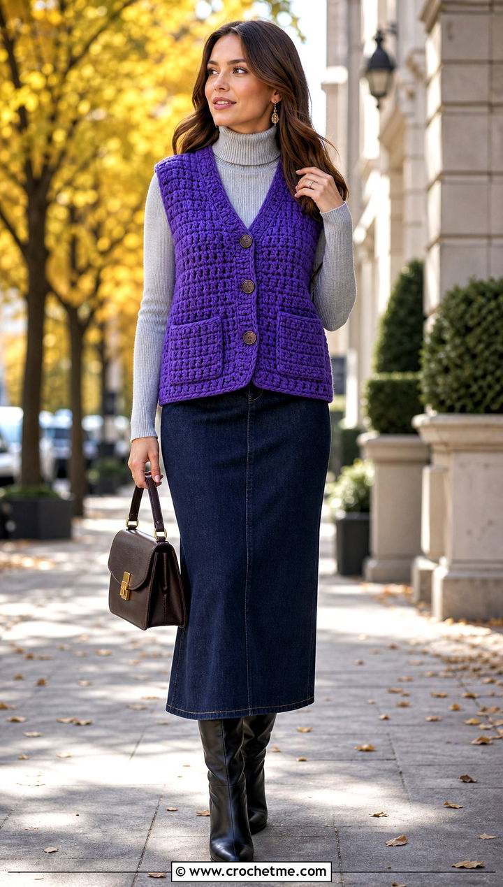 Chunky Crochet Waistcoat With Turtleneck And Maxi Skirt - 15 easy crochet waistcoat outfit ideas