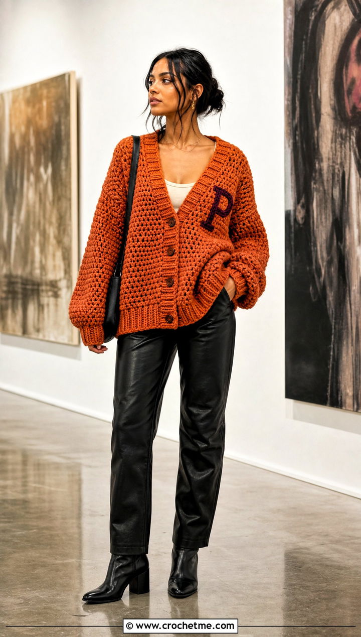 Chunky Crochet Weasley Sweater With Faux Leather Pants - 35 crochet weasley sweater outfit ideas