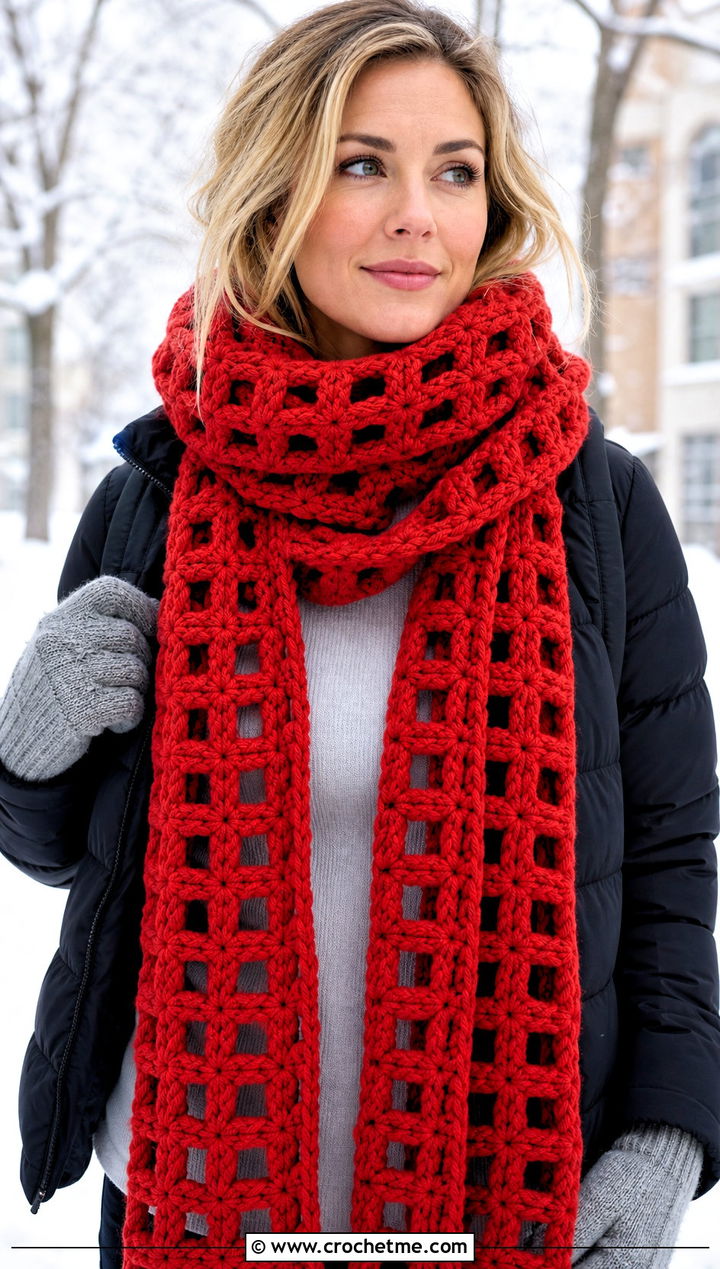 Chunky Crochet Windowpane Scarf With Puffer Jacket - 15 crochet windowpane scarf outfit ideas