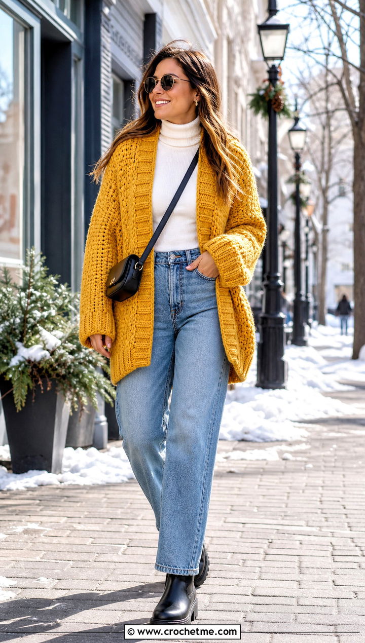 Chunky Crochet Winter Cardigan With Straight Leg Jeans - 25 crochet winter cardigan outfit ideas