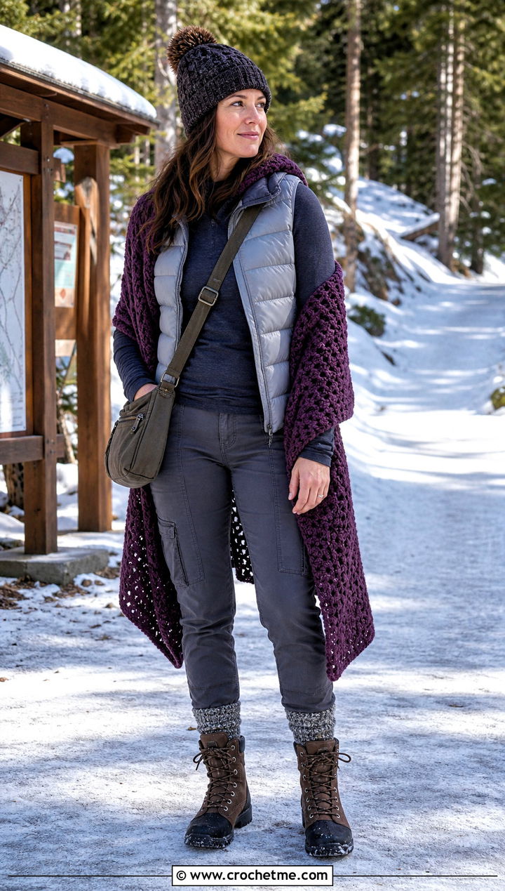 Chunky Crochet Wrap Shawl With Puffer Vest - 35 crochet wrap shawl outfit ideas