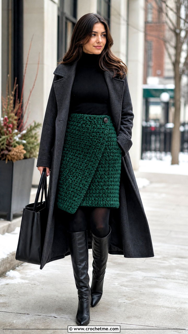 Chunky Crochet Wrap Skirt With Turtleneck Sweater - 35 crochet wrap skirt outfit ideas
