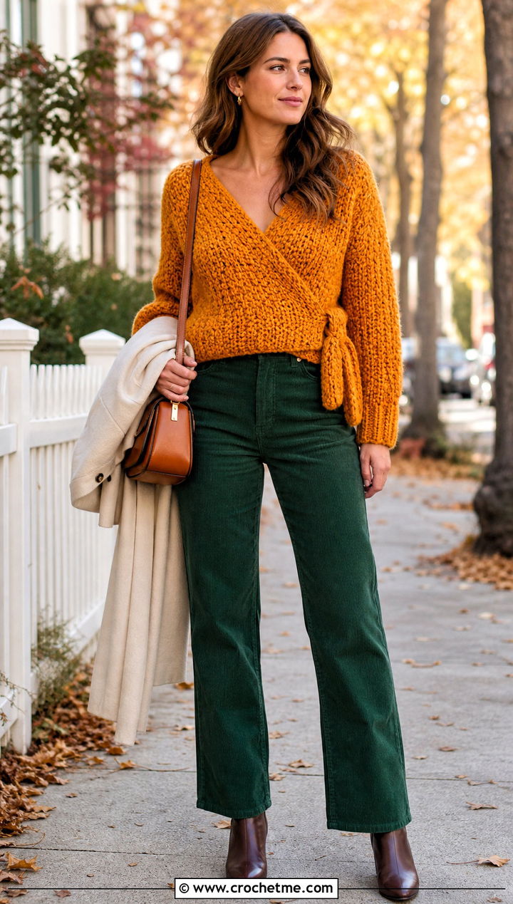 Chunky Crochet Wrap Sweater Top With Corduroy Pants - 25 wrap around crochet top outfit ideas