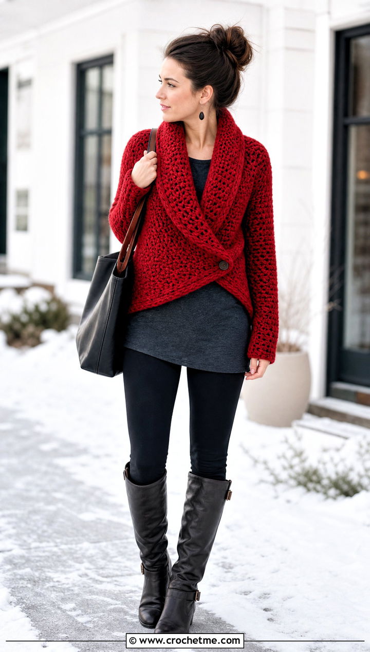Chunky Crochet Wrap Sweater With Leggings - 35 crochet wrap sweater outfit ideas