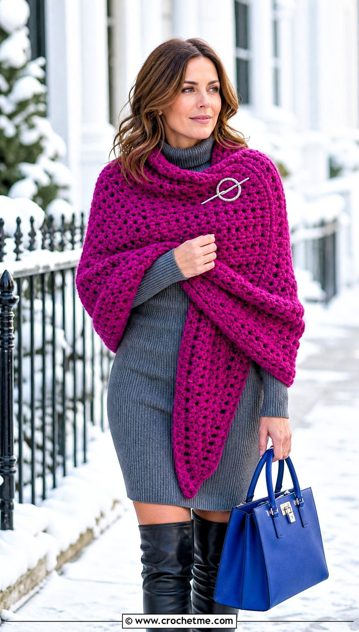 Chunky Crochet Wrap With Sweater Dress - 20 Elegant Crochet Shawl outfit ideas