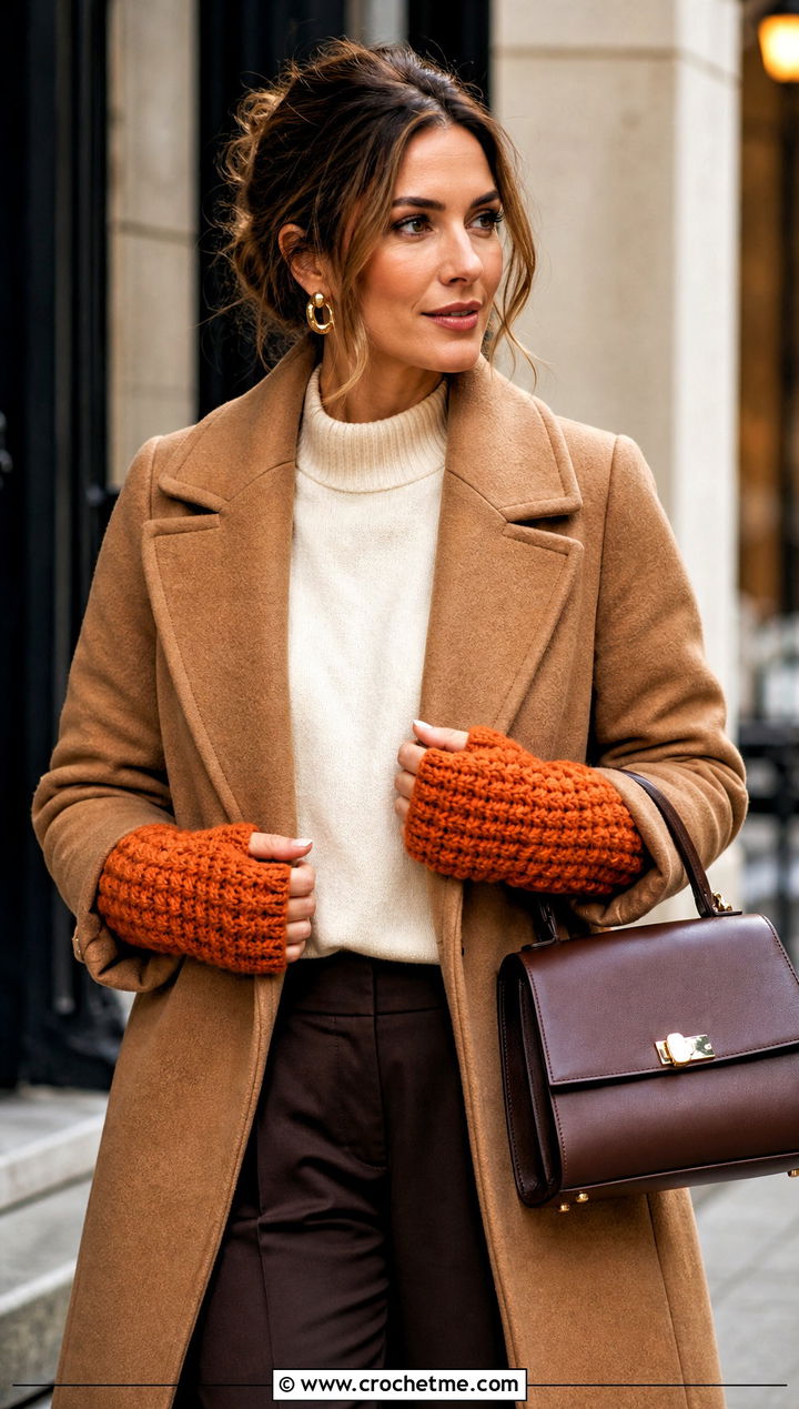 Chunky Crochet Wrist Warmer Gloves With Camel Coat - 25 Chunky Crochet Gloves outfit ideas