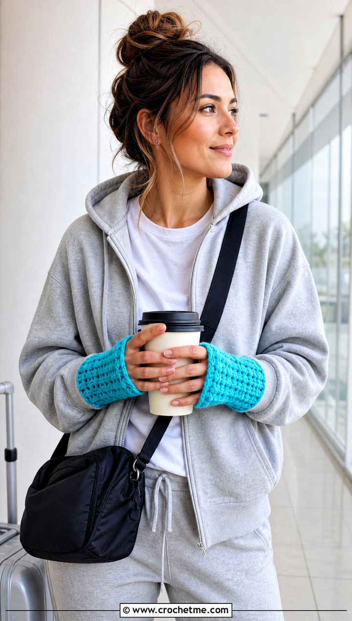 Chunky Crochet Wrist Warmers With Hoodie And Joggers - 25 Simple Crochet Fingerless Gloves outfit ideas