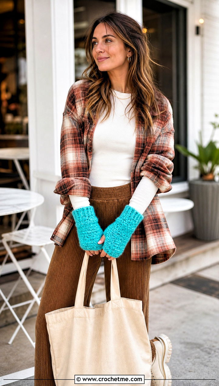 Chunky Crochet Wrist Warmers With Overshirt - 15 Crochet Texting Gloves outfit ideas