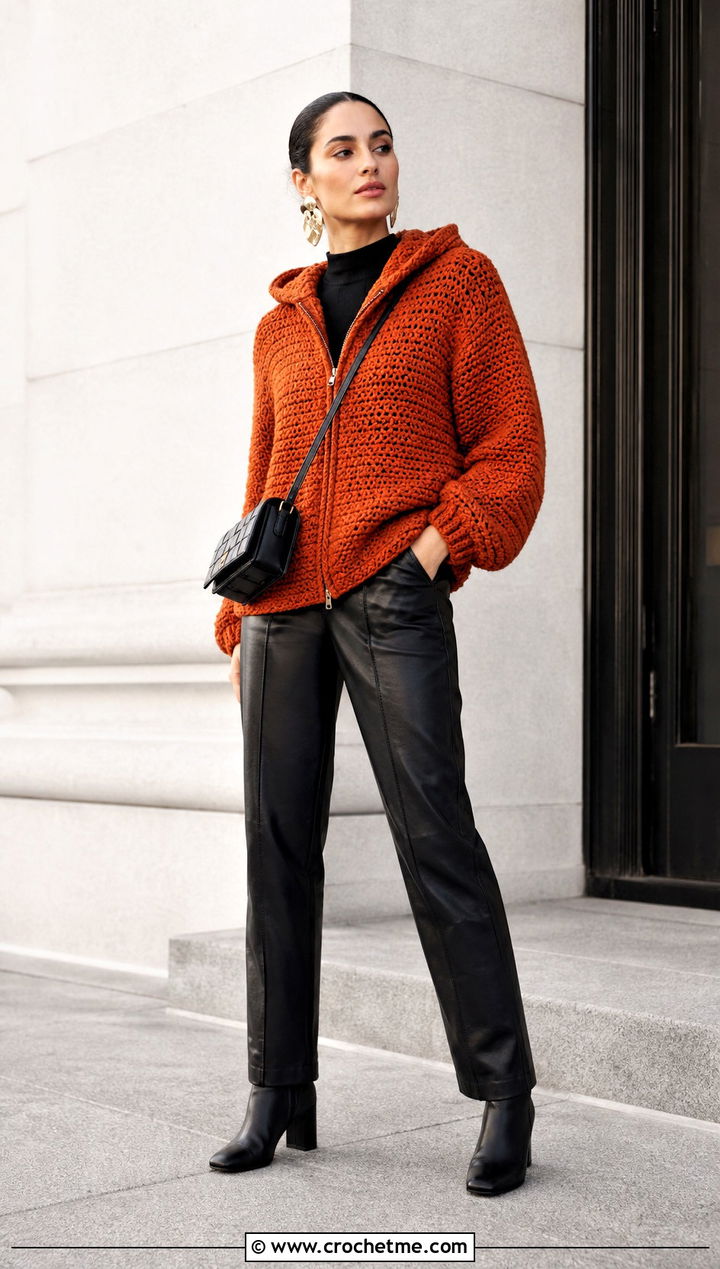 Chunky Crochet Zip Up Hoodie With Leather Pants - 30 crochet zip up hoodie outfit ideas