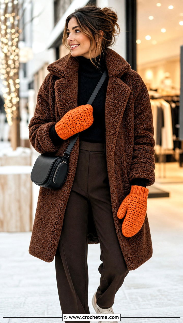 Chunky Crocheted Mittens With Teddy Coat - 30 Crocheted Mittens outfit ideas