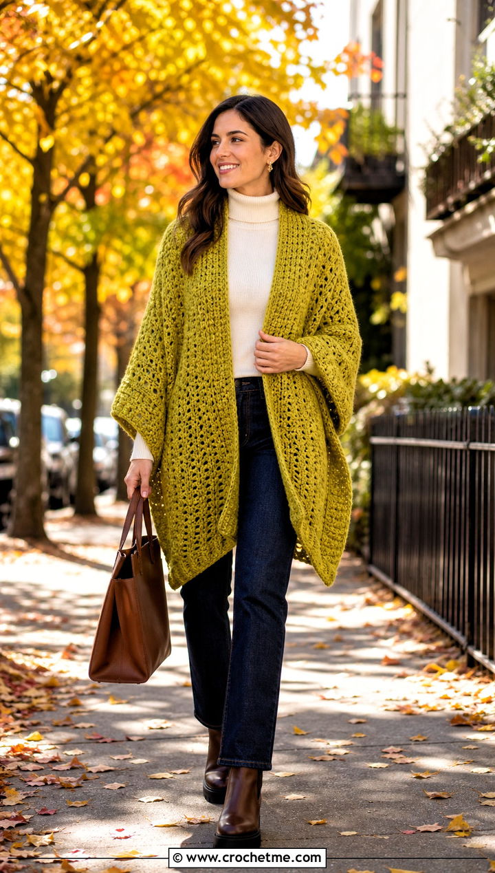 Chunky Crocheted Ruana With Turtleneck And Straight Jeans - 20 Crocheted Ruana outfit ideas