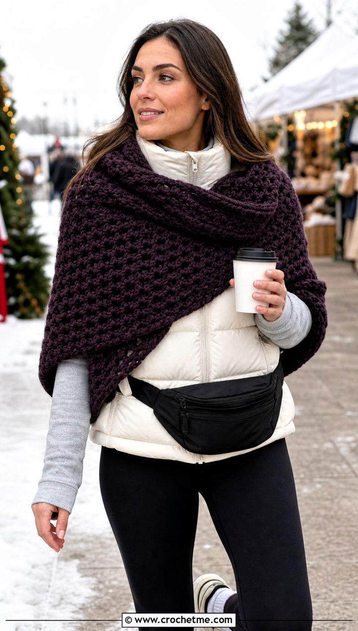 Chunky Crocheted Shawl With A Puffer Vest And Leggings - 20 Crocheted Shawl outfit ideas