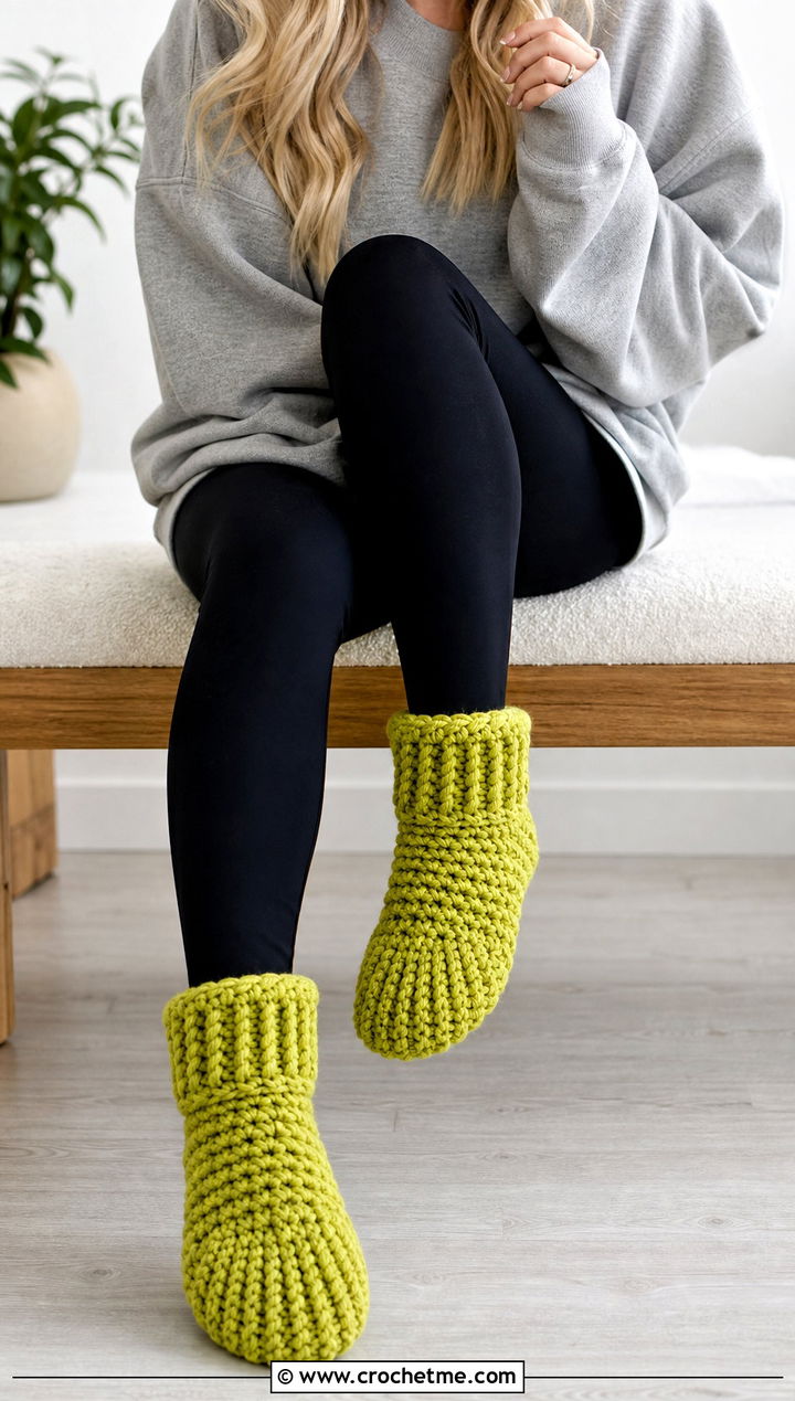 Chunky Crocheted Slipper Socks With Leggings And Sweatshirt - 15 Crocheted Slipper Socks outfit ideas