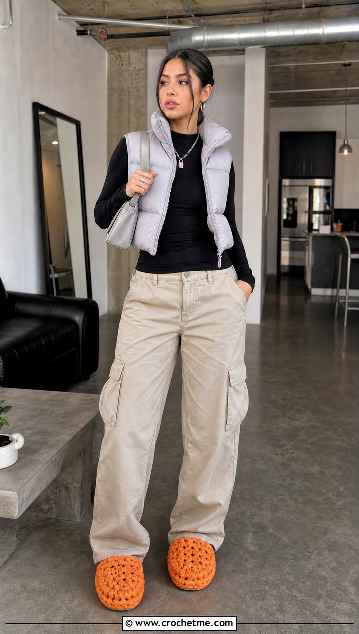 Chunky Crocheted Slippers With Cargo Pants - 35 crocheted slippers outfit ideas