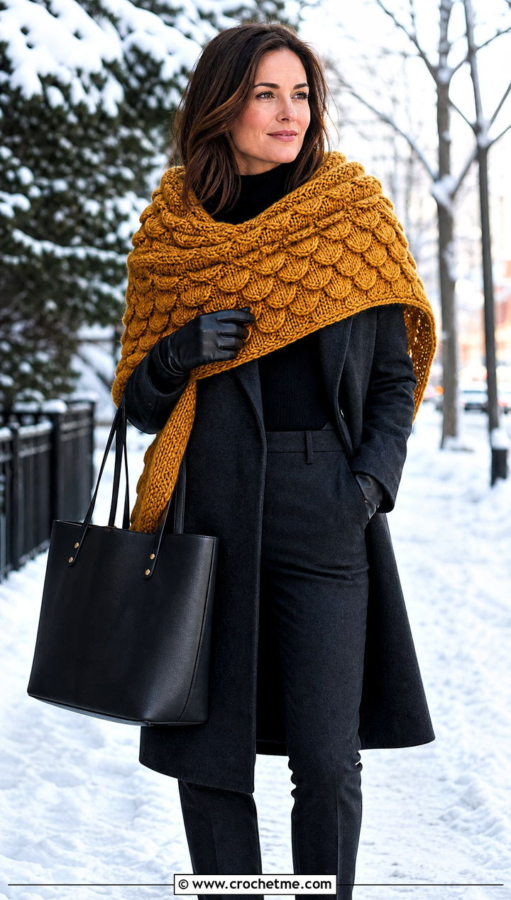 Chunky Crocodile Stitch Shawl With Wool Coat - 15 crocodile stitch crochet shawl outfit ideas