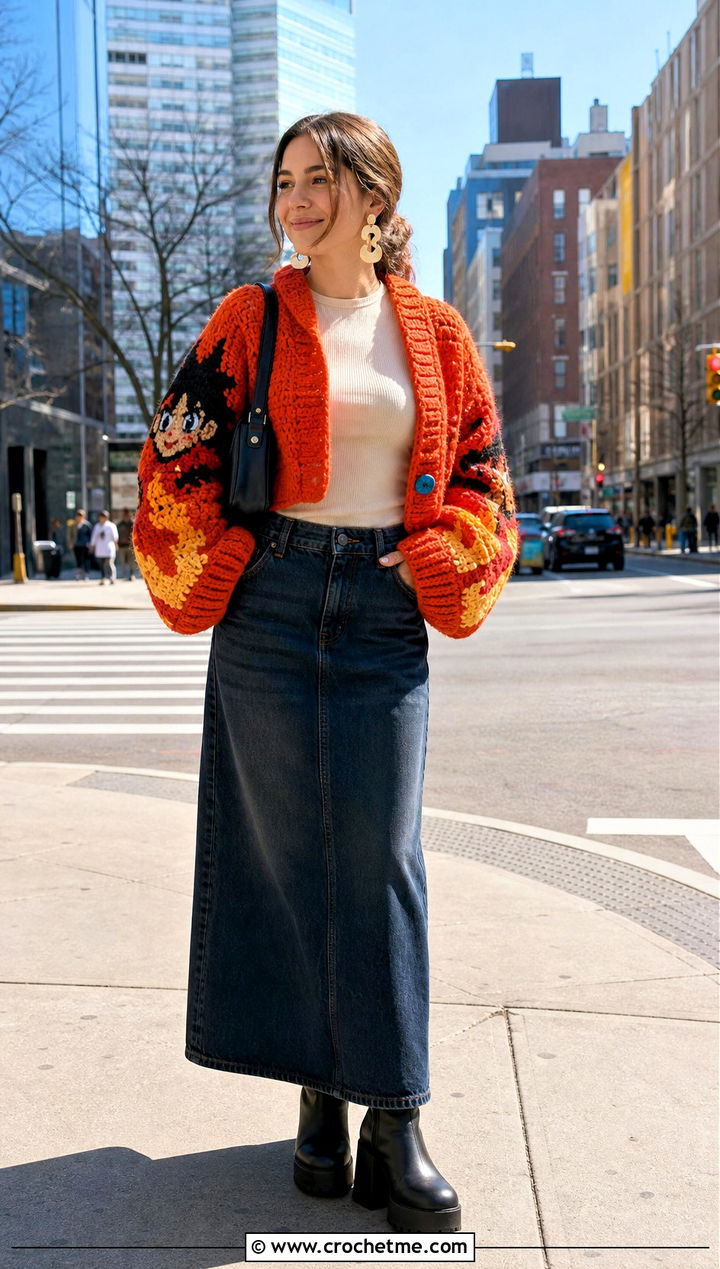 Chunky Cropped Anime Crochet Cardigan With Maxi Denim Skirt - 30 anime crochet cardigan outfit ideas